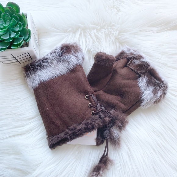 Dark Brown Fingerless Gloves Faux Fur Trim NWT - Picture 4 of 4